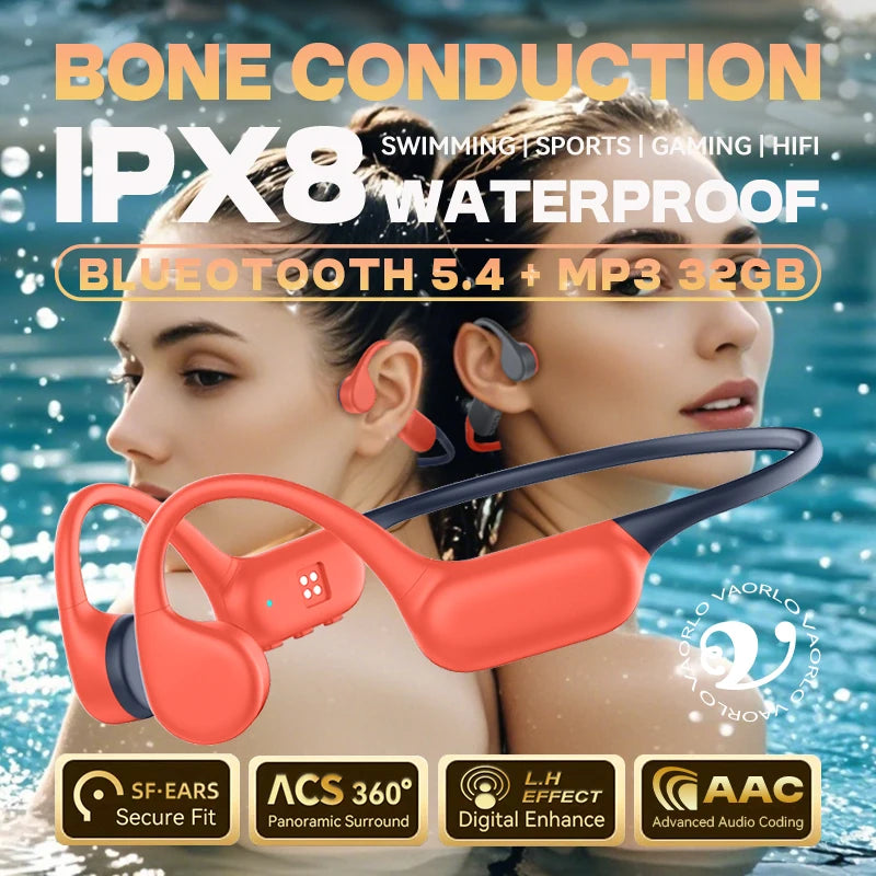 IPX8 Waterproof Bone Conduction Wireless Headphone Bluetooth 5.4+32GB MP3 Waterproof Swimming Sport HIFI Music Headset With Mic