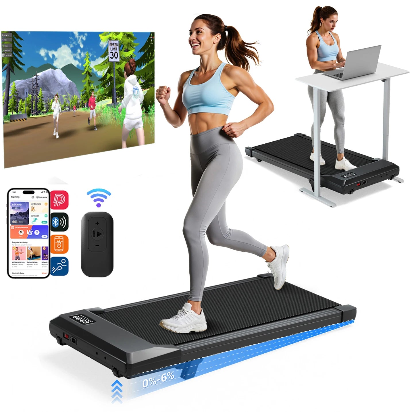Foldable 6% Slope Under Desk Treadmills 2.5 HP Quiet Walking Pad Portable Remote Control LED Display 300LBS Exercise Walkingpad