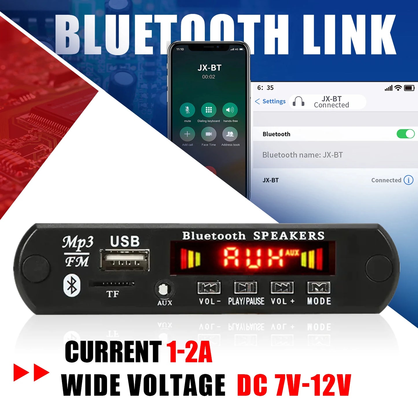 Car DIY 5.0 Bluetooth MP3 WAV Decoder Board DC 12V Wireless USB MP3 Music Player TF Card Slot FM AUX with Mic Handsfree control