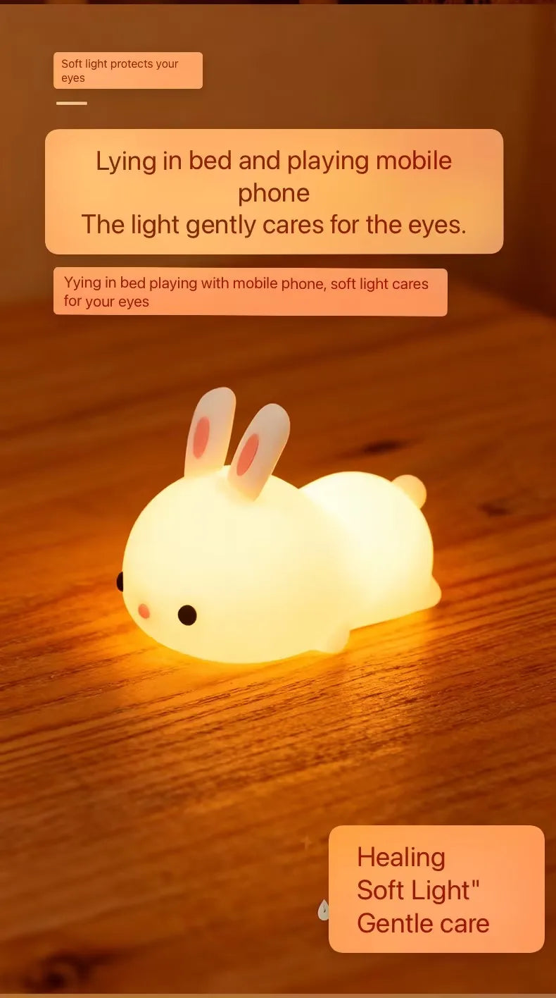 Touch Sensor RGB LED Rabbit Night Light Colorful USB Rechargeable Silicone Bunny Lamp for Children Baby Toy Festival Gift