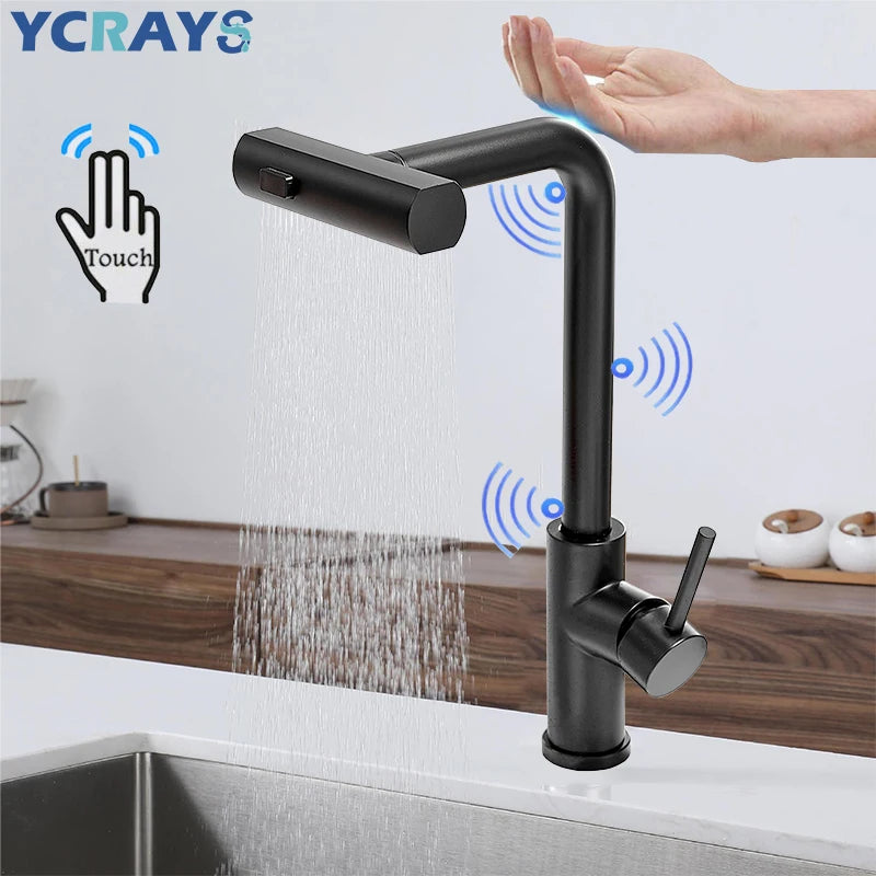 YCRAYS Brushed Nickle Kitchen Touch Sense Pulling Out Faucet Gray Waterfall Stream Sprayer Head Sink Mixer Water Tap Accessories