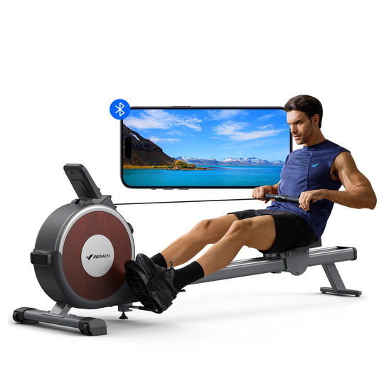 MERACH Bluetooth Magnetic Rower Machine with Dual Slide Rail 16 Levels of Electromagnetic Resistance Max 350lb Weight Capacity