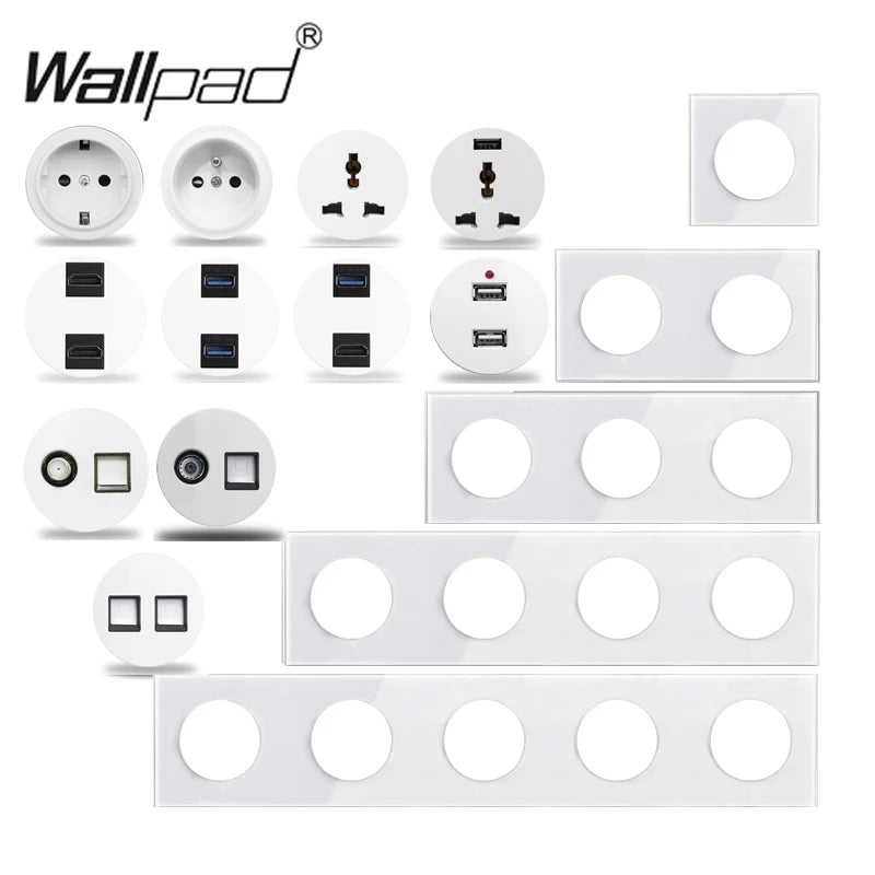 EU Korea Russian Wall Socket White Tempered Glass Frame RJ45 CAT6 TV Outlet Single Double Triple 86x86mm Box Requried Wallpad