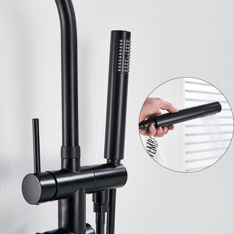 Black / Chrome / Golden /  Floor Standing Bathtub Dragon Freestanding Bathtub Faucet With Hand Shower Floor Bathtub Tap Hot Cold