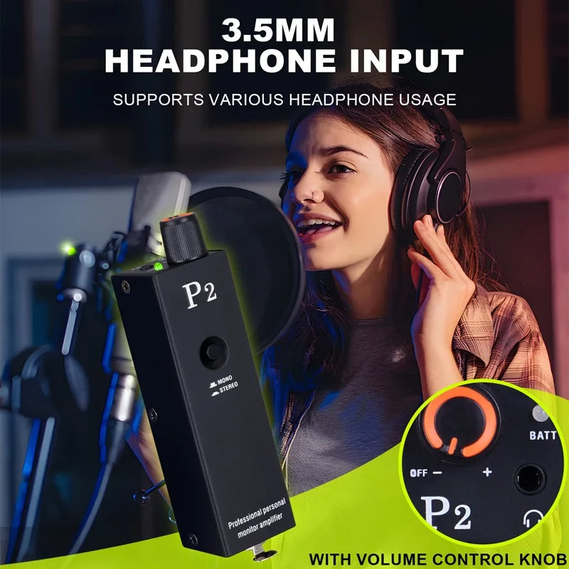 P2 Headphone Amplifier, Ultra Compact In Ear Headphone Monitor, Stereo Monitor/Headphone Power Amplifier/headphone music monitor