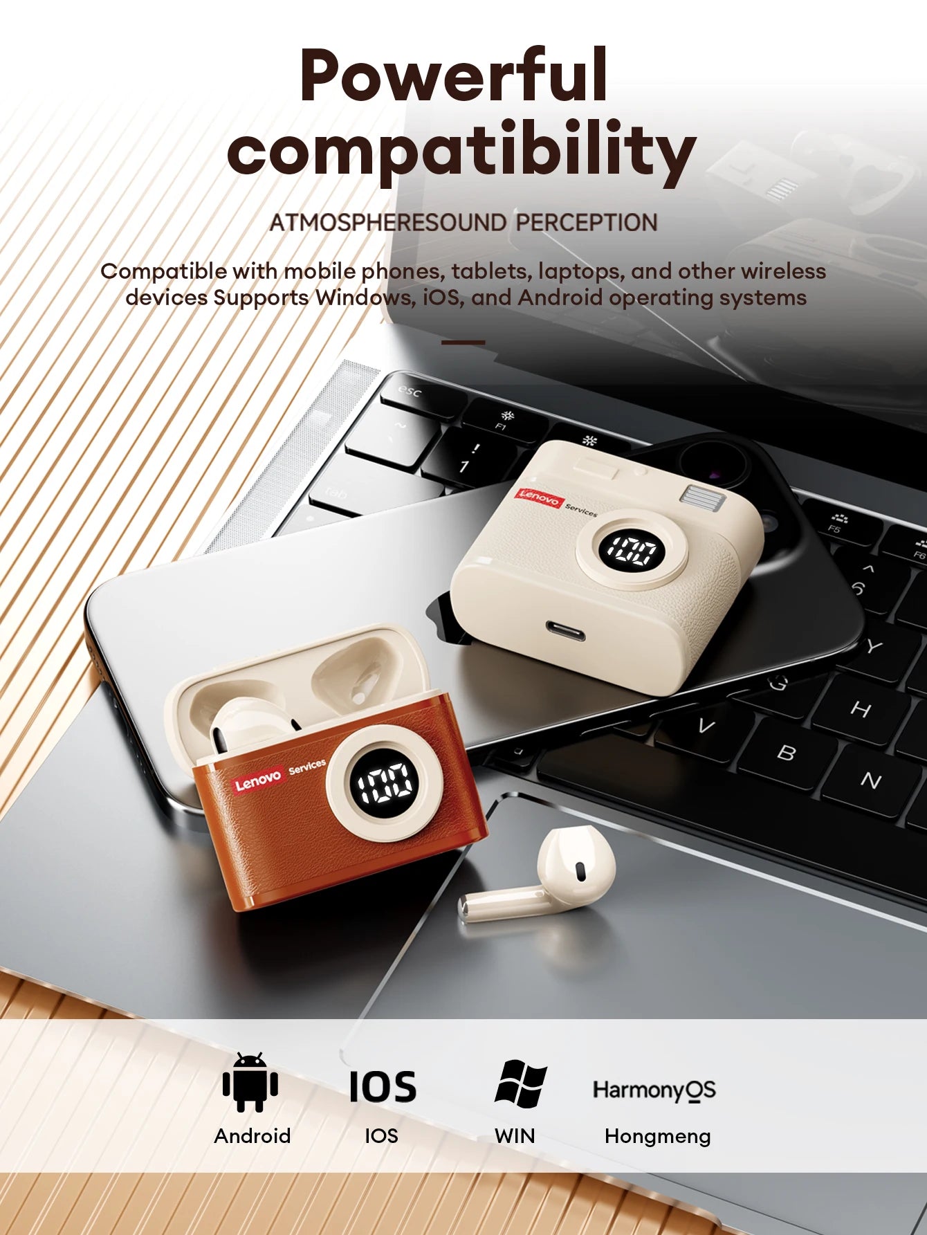 Lenovo LE218 Bluetooth 6.0 Vintage Leather Wireless Earbuds LED Digital Display Headphones ENC Noise Reducation Earphone for Mi