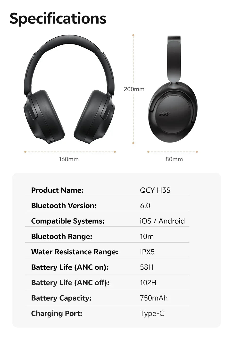 H3S -56dB Adaptive ANC Over Ear Headphone Hi-Res LDAC Spatial Sound Wireless Earphone Bluetooth 6.0 Dual Driver 102H Headset