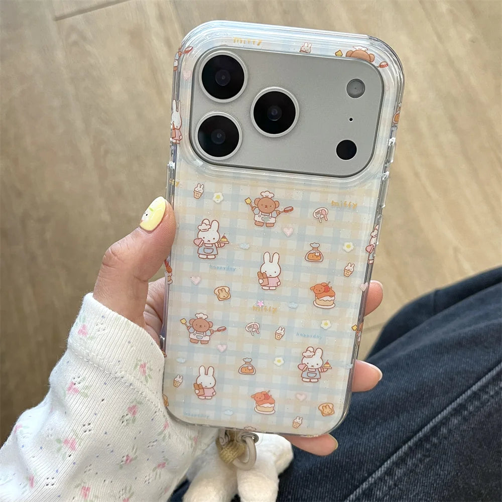 Korean INS fashion plaid Bear Rabbit phone case for iPhone 13 14 15 16 Pro 17 Pro Max cover cute cartoon cartoon shockproof Case