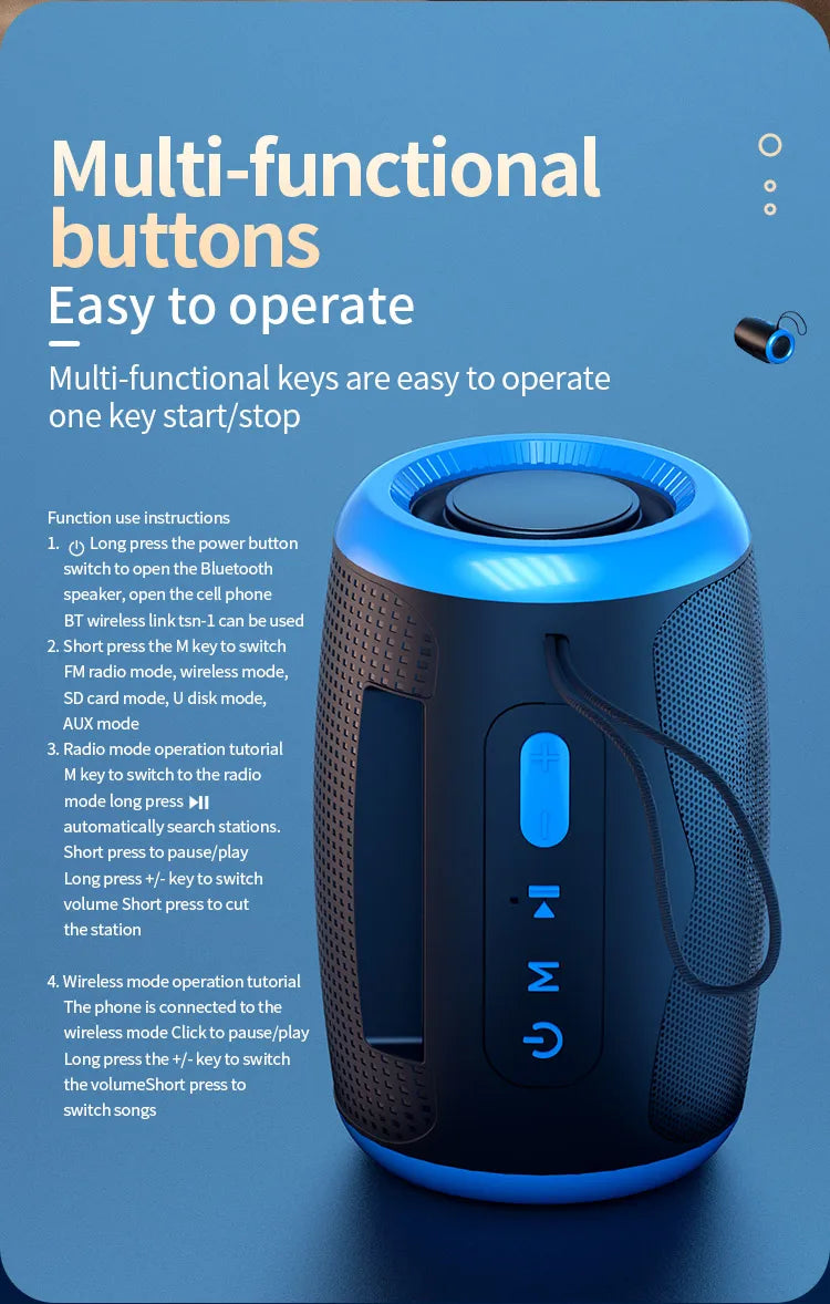 TSN-1 Portable Speaker Wireless Bluetooth Speakers with 5.3 Stereo FM/SD/USB Disk/Aux Modes Waterproof for Outdoor Hifi Sound