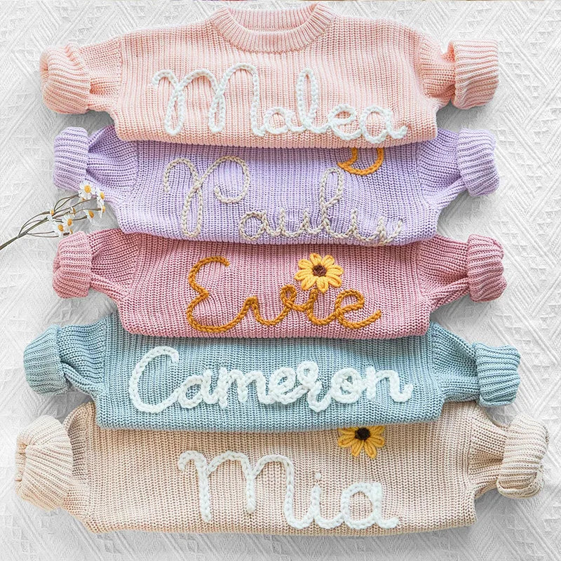 New Custom Name Kids Clothes Girls Boys Personalized Baby Sweaters Handmade Thick Line Embroidery Children's Knitted Sweater
