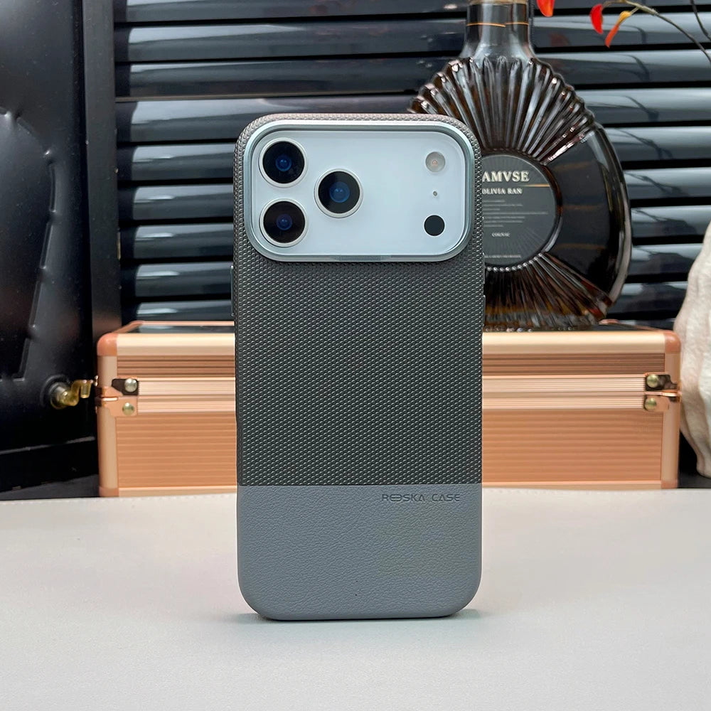 Luxury Business Hit Color Relief Leather Case for IPhone 17 Pro Max 16 15 14 13 for MagSafe Magnetic Shockproof Alloy Lens Cover
