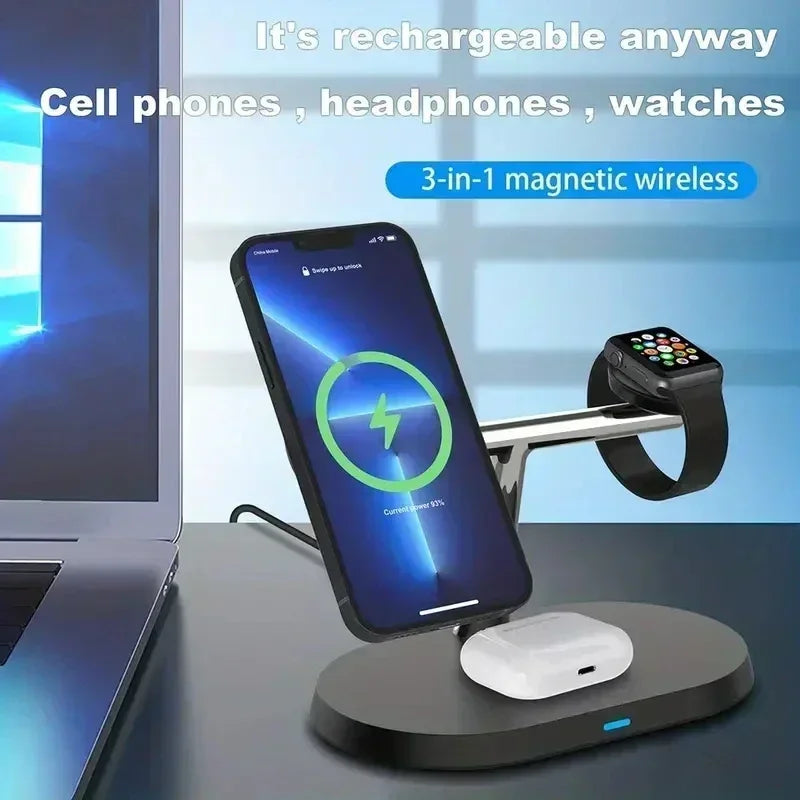 NEW Magnetic Wireless Charger Stand For iPhone 16 15 14 13 12 Pro iWatch 9 8 Airprods 3 In 1  Fast Charging Station