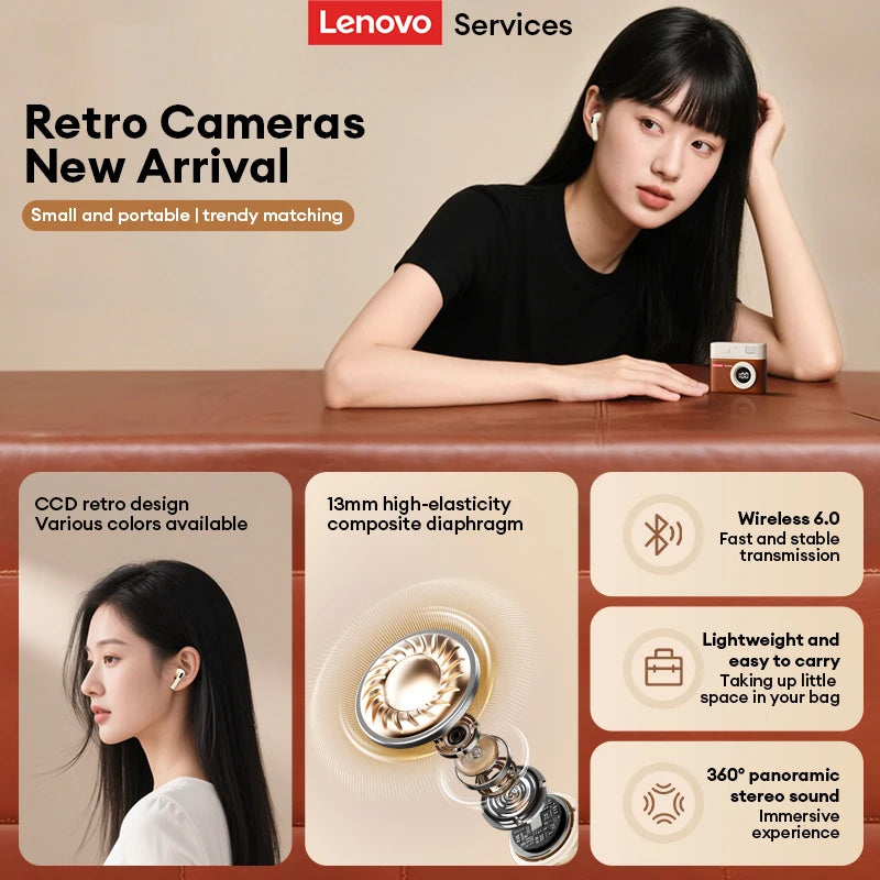 Lenovo LE218 Bluetooth 6.0 Vintage Leather Wireless Earbuds LED Digital Display Headphones ENC Noise Reducation Earphone for Mi