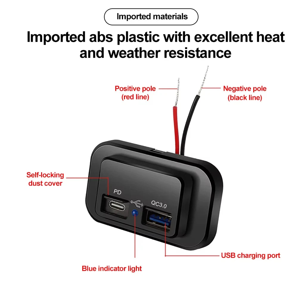 PD QC3.0 96W Dual USB Car Charger Socket 12V/24V Quick Charge Outlet with Switch LED Light for Car Motorcycle Truck RV Bus ATV