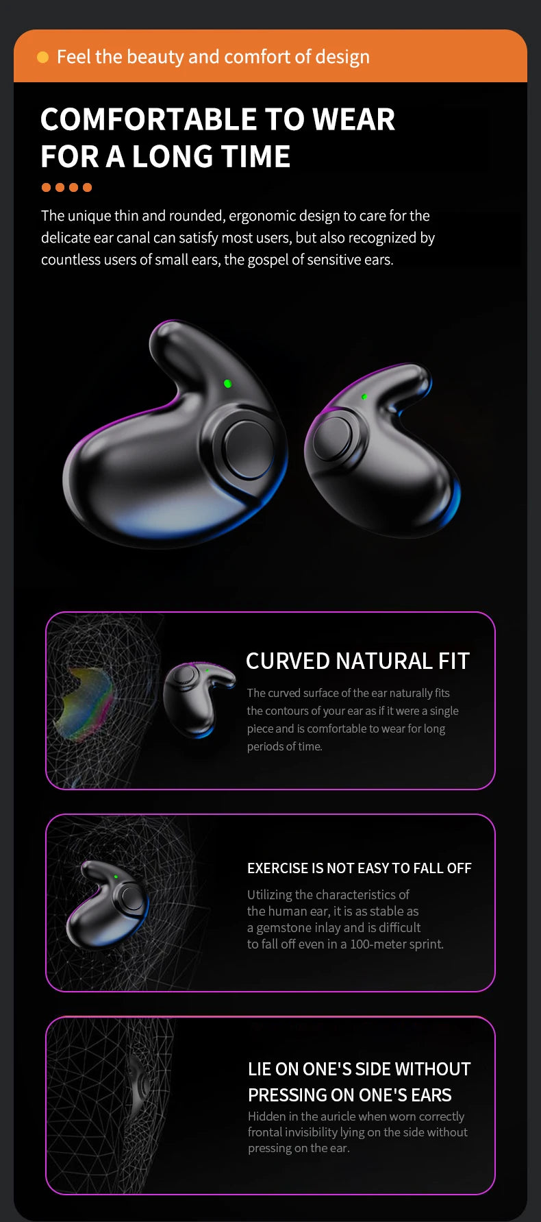 Waterproof Wireless Bluetooth 5.3 Headsets Mini headset Painless Call Noise Cancelling Thin Headphones Fit for Sleeping/Sports