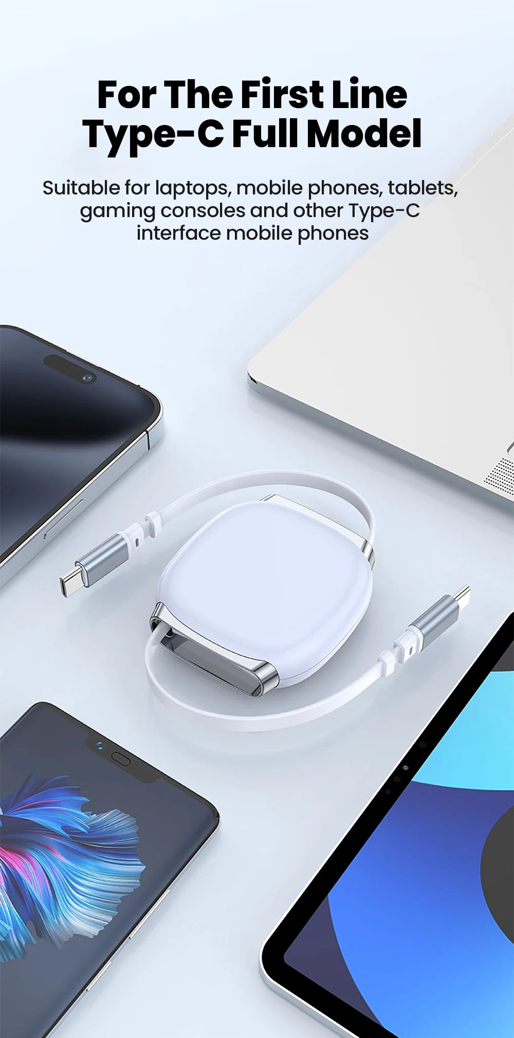 USB C to USB C Cable 100W for iPhone 16 15 Plus Pro Max Retractable Cable For MacBook iPad Fast Charger Cable Charger Data Wire