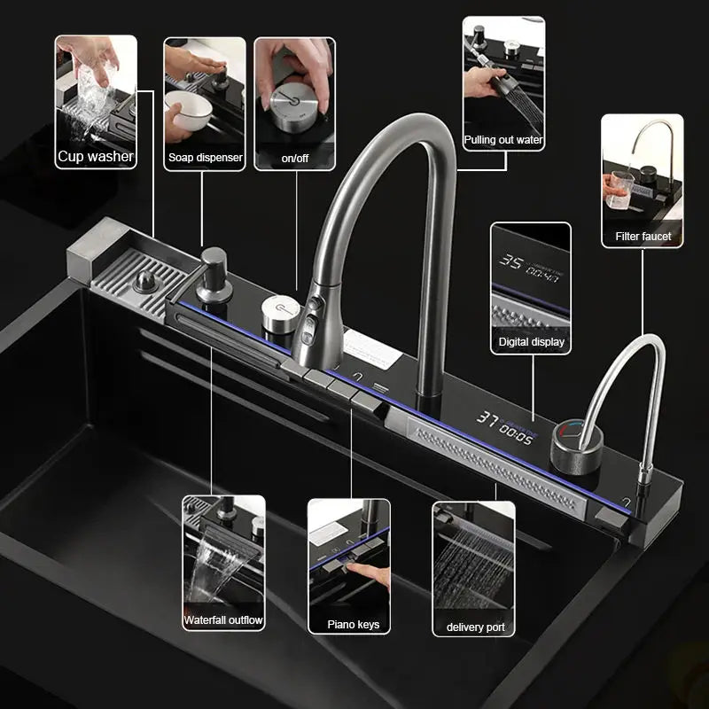 Stainless Steel Waterfall Kitchen Sink Large Single Slot Integrated 75X45cm Faucet Set Soap Dispenser/Pure Water/Cup Washer