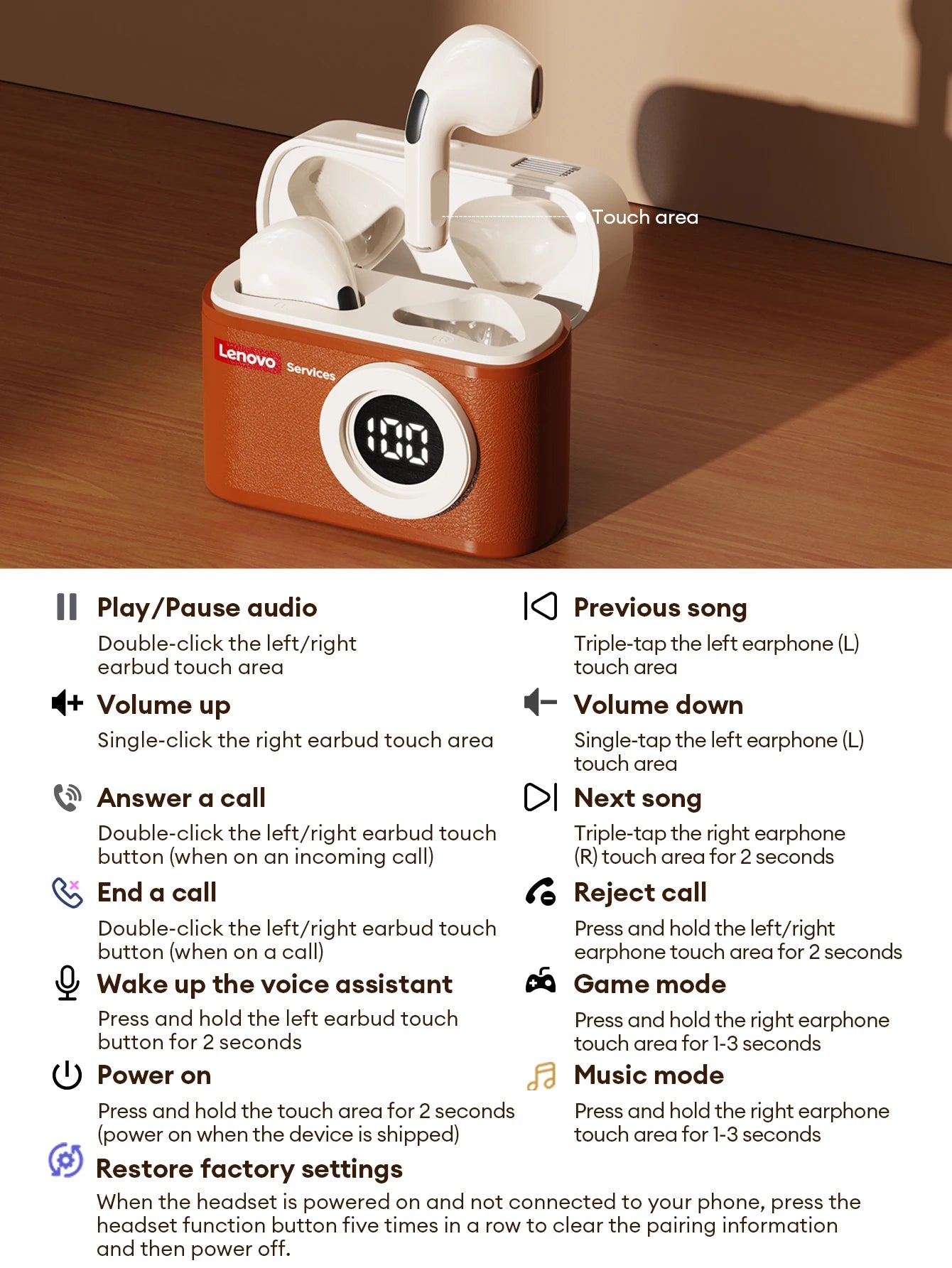 Lenovo LE218 Bluetooth 6.0 Vintage Leather Wireless Earbuds LED Digital Display Headphones ENC Noise Reducation Earphone for Mi