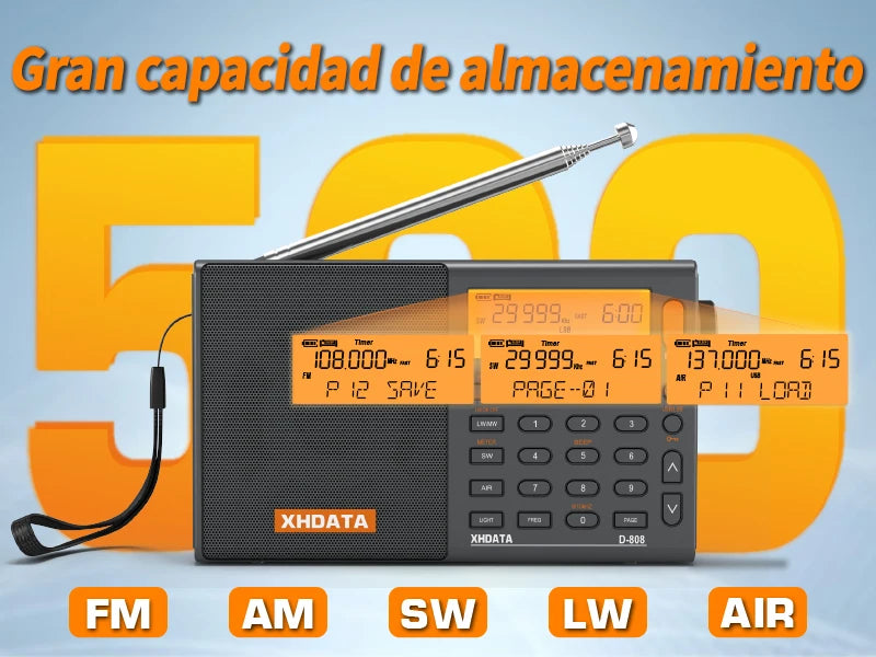 XHDATA D808 Portable Multiband Radio Receiver AM/FM/SW/MW SSB AIR RDS Stereo Sound Long Range Reception Rechargeable Battery
