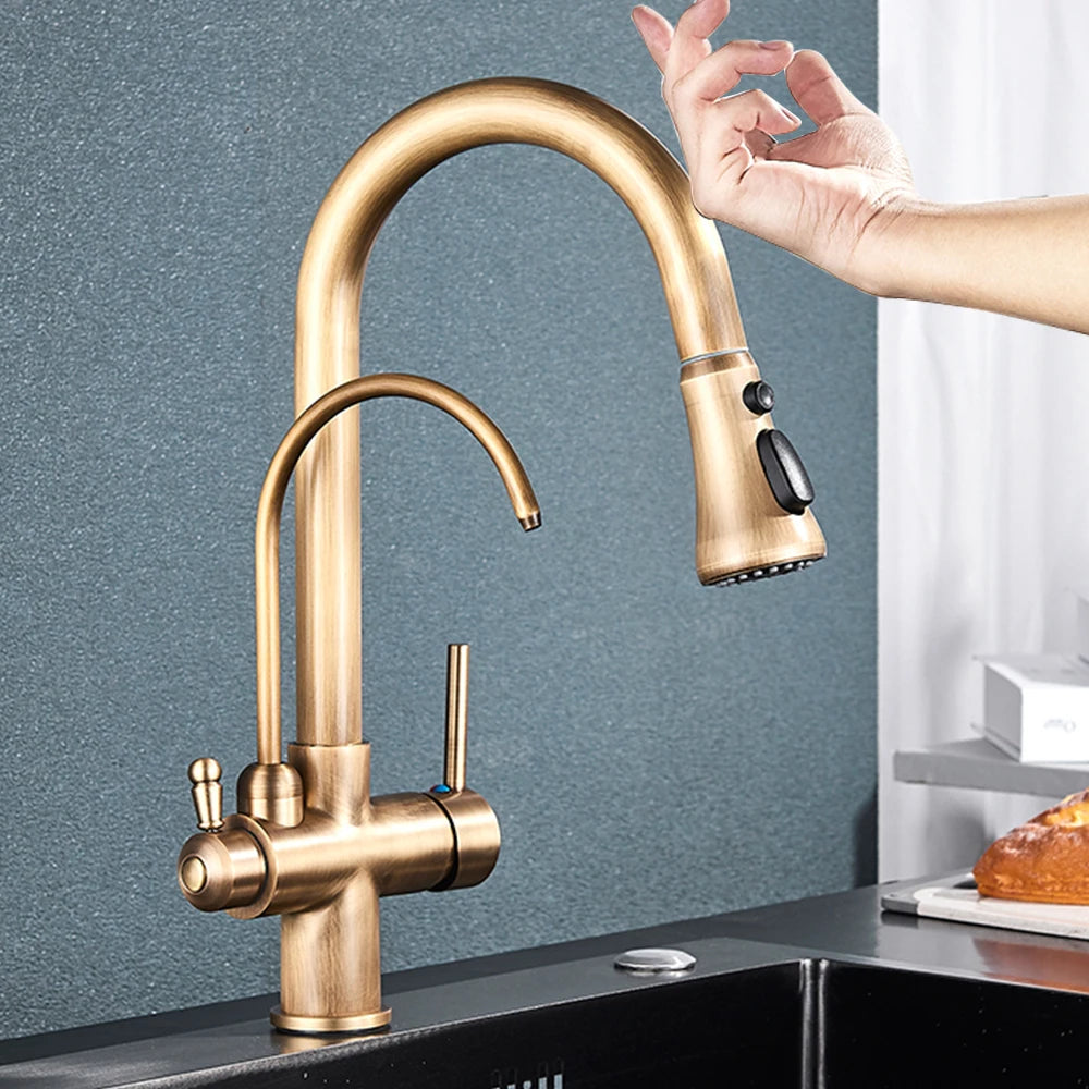 Touch Sensor Filter Kitchen Faucet With Pure Water Pull Out Mixer Tap Rotate Hot Cold Water Crane Mode Deck Mounted Mixer Tap