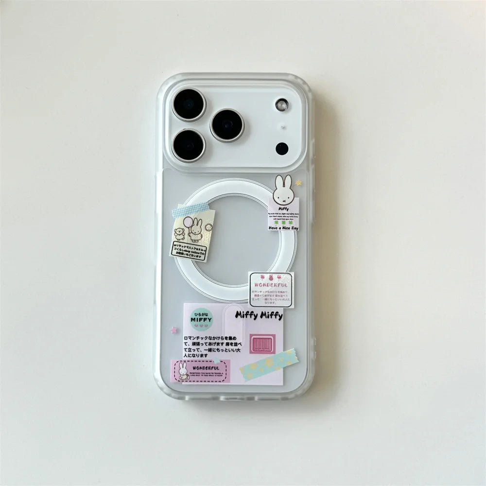 Korean Ins Cute Cartoon Rabbit with Magsafe Card Holde Magnetic Stand Phone Case For iPhone 17 16 Pro 15 17  Pro Max 14 13 Cover