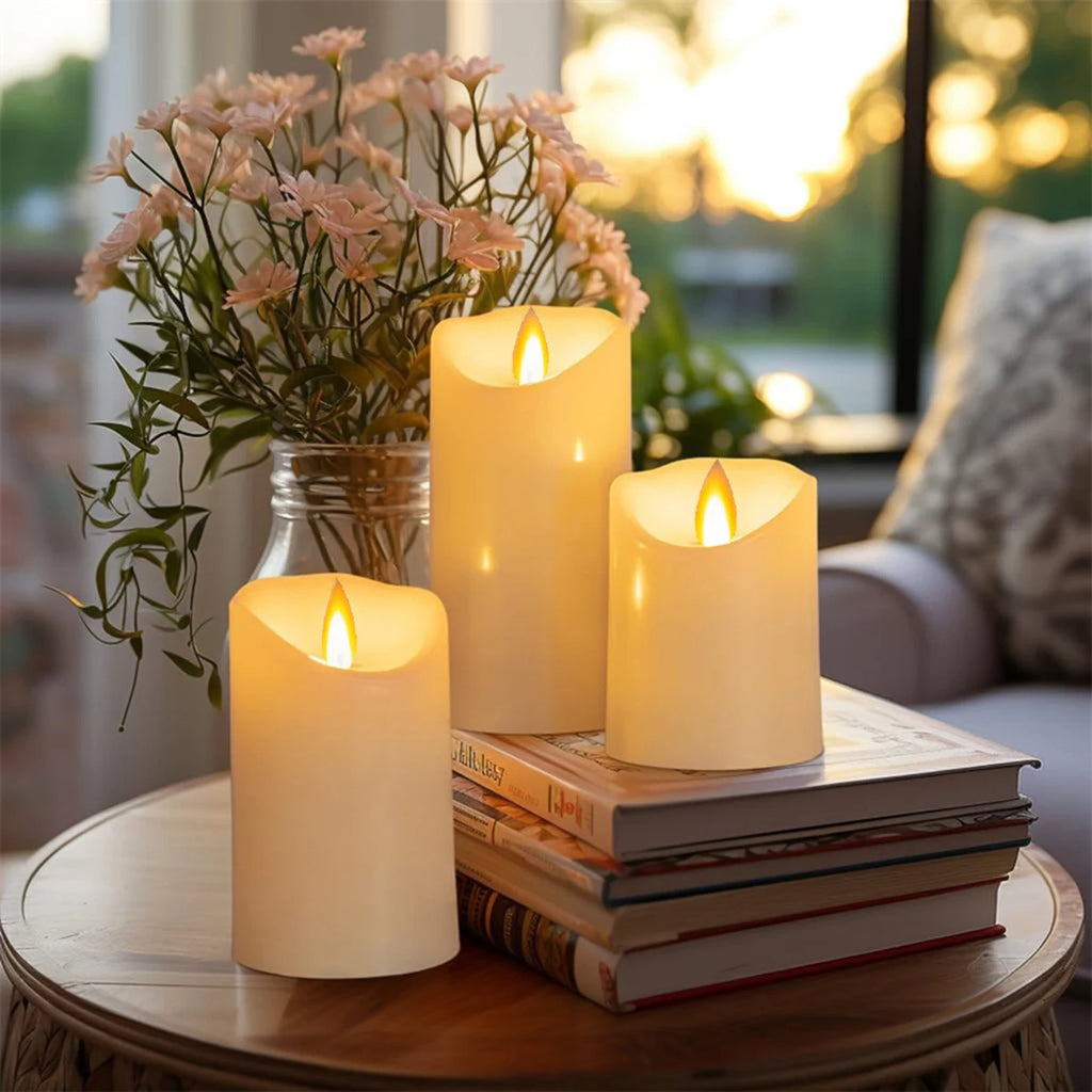 3 Pieces Charge Remote Control LED Decorative Moving Wick Candles,10/12.5/15 cm Rechargeable Dancing Church Candles