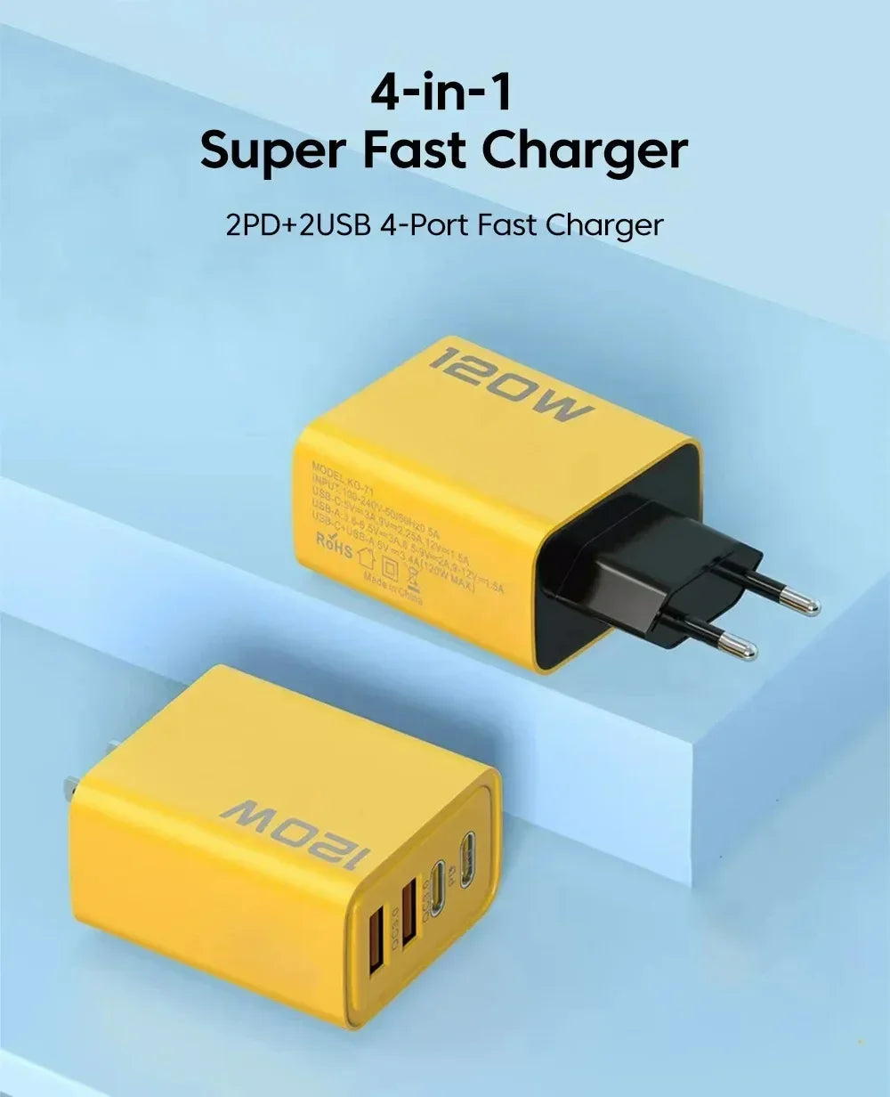120W Total Fast Charging Quick Charger PD USB Type-C Wall Adapter for iPhone 16/15/14 Xiaomi Huawei Redmi Oneplus -Phone Charger