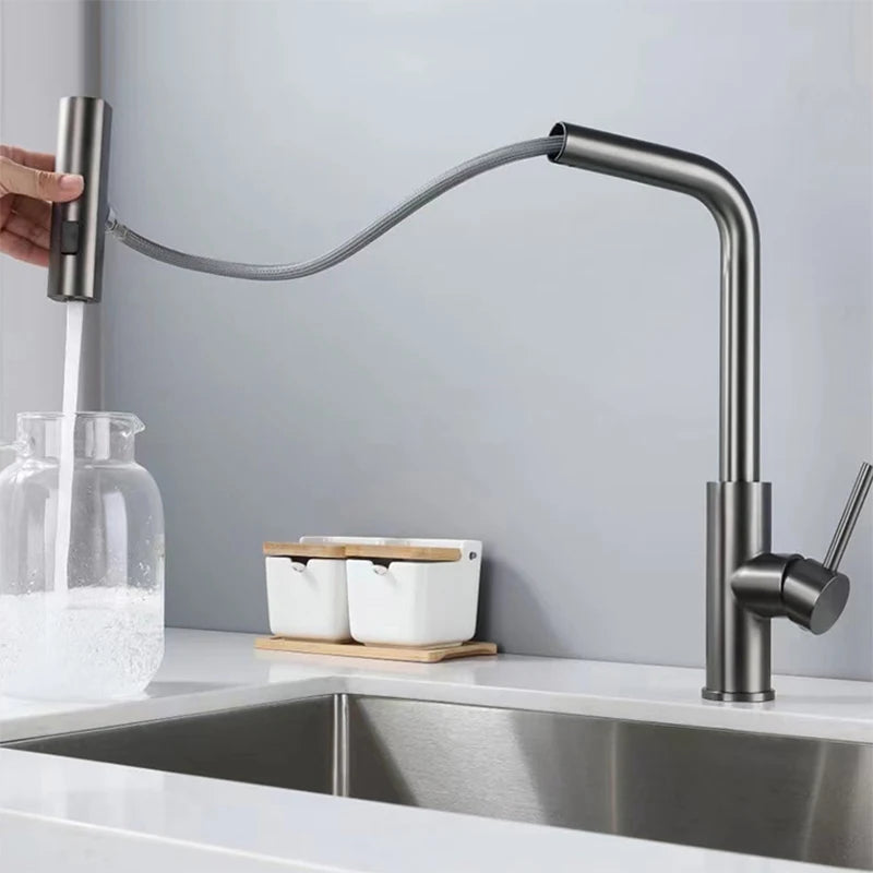 YCRAYS Brushed Nickle Kitchen Touch Sense Pulling Out Faucet Gray Waterfall Stream Sprayer Head Sink Mixer Water Tap Accessories