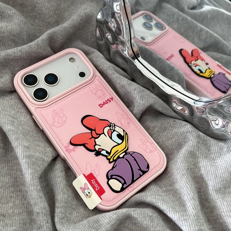 Luxury embossing leather Cute couple cartoon Funny Daisy Donald Duck Phone Case For iPhone 13 14 15 16 17 Pro Max 17Pro Cover﻿﻿