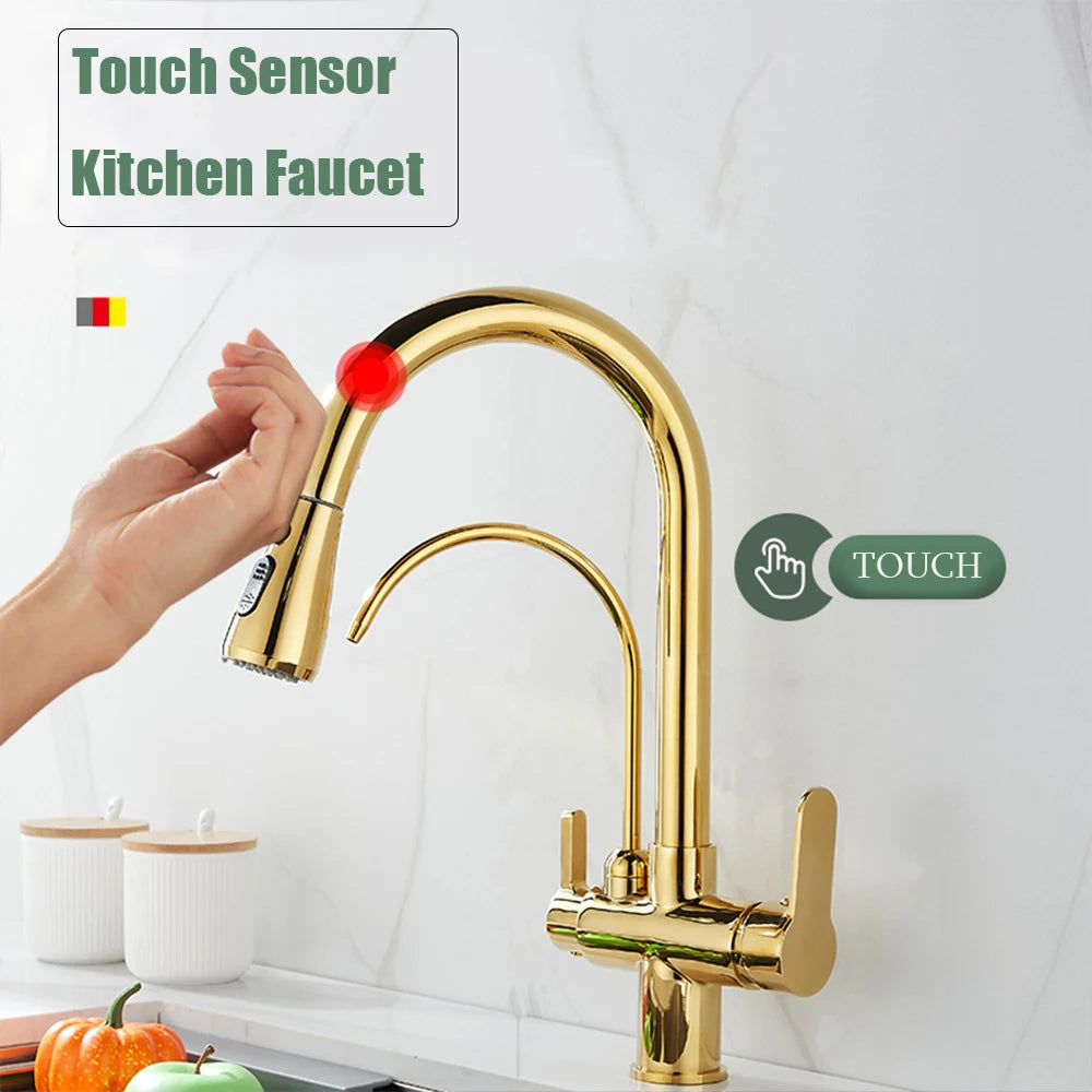 Touch Sensor Filter Kitchen Faucet With Pure Water Pull Out Mixer Tap Rotate Hot Cold Water Crane Mode Deck Mounted Mixer Tap