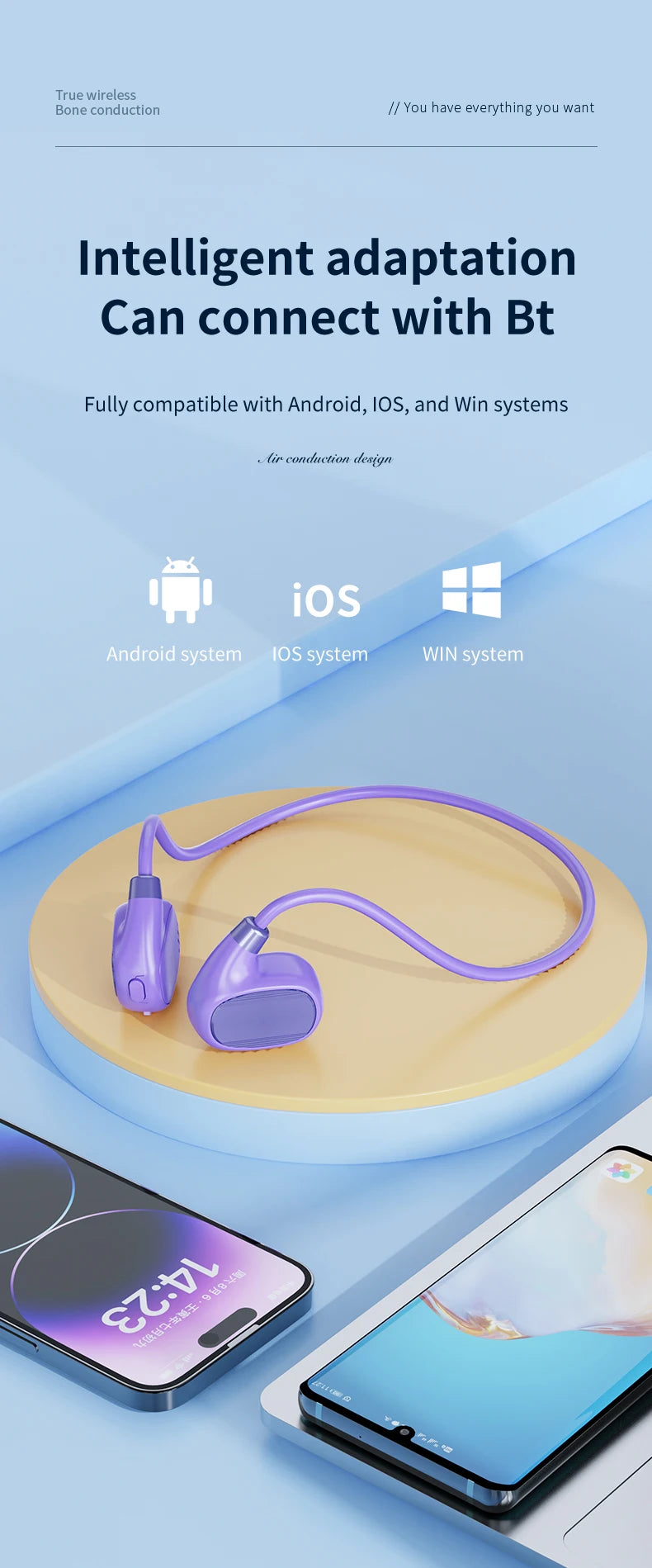 Ear-mounted sports wireless earphones, air conduction headset, BT 5.3, ultra-long battery life, suitable for running and cycling