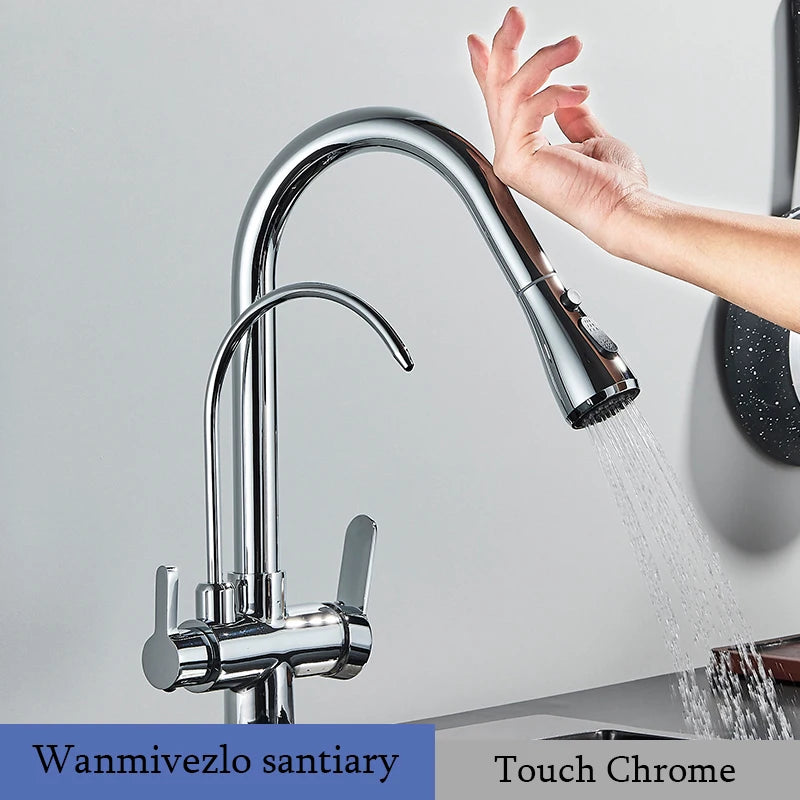 Touch Sensor Filter Kitchen Faucet With Pure Water Pull Out Mixer Tap Rotate Hot Cold Water Crane Mode Deck Mounted Mixer Tap