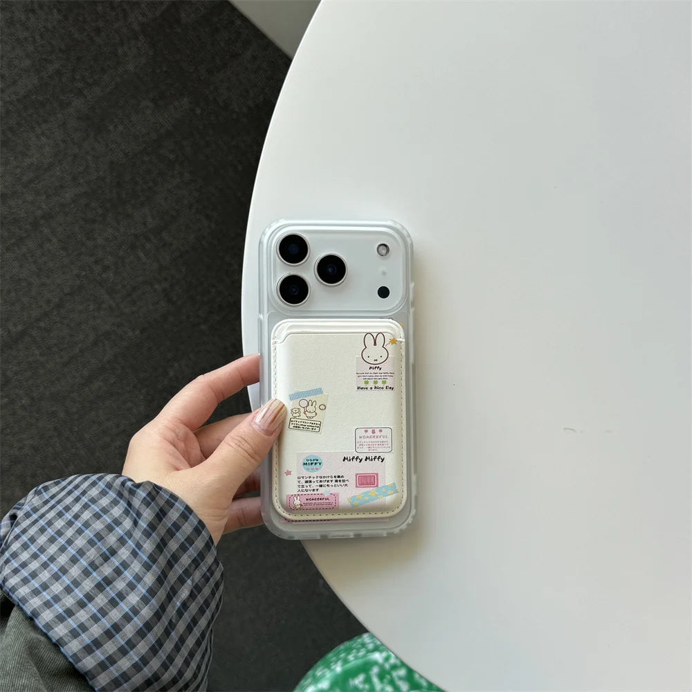 Korean Ins Cute Cartoon Rabbit with Magsafe Card Holde Magnetic Stand Phone Case For iPhone 17 16 Pro 15 17  Pro Max 14 13 Cover