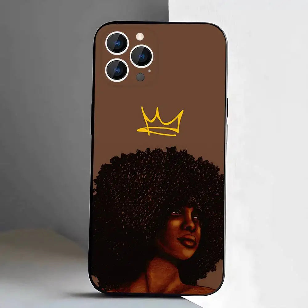 Black Girl A-Afro Phone Case For iPhone 17,16,15,14,13,12,11,Pro,XS,Max,XR,Plus,E,SE4,Mini Black Soft Cover