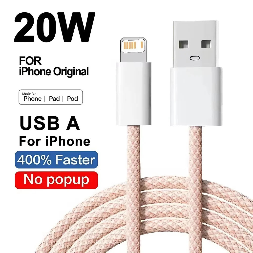 20W Braided Fast Charging USB Cable For iPhone X XR XS 6 6S 7 8 Plus 11 12 Mini 13 14 Pro Max  Rapid Charge Phone Cables 1m 2m