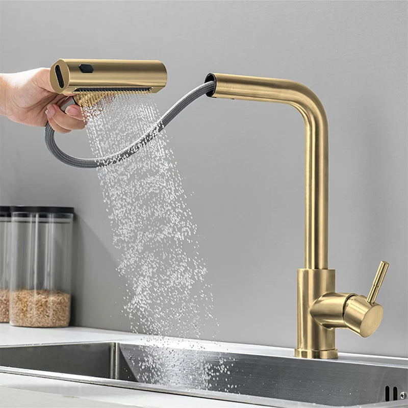 YCRAYS Brushed Nickle Kitchen Touch Sense Pulling Out Faucet Gray Waterfall Stream Sprayer Head Sink Mixer Water Tap Accessories
