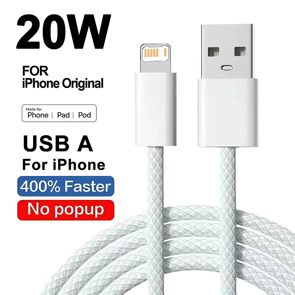 20W Braided Fast Charging USB Cable For iPhone X XR XS 6 6S 7 8 Plus 11 12 Mini 13 14 Pro Max  Rapid Charge Phone Cables 1m 2m