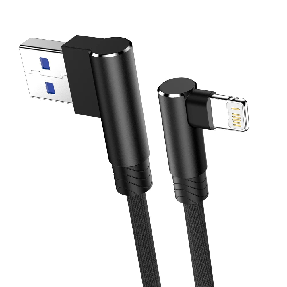 90 Degree USB Cable For iPhone 14 13 12 11 Pro Max X XR 6s 7 8 Plus 2m 3m Lead Mobile Phone Fast Charging Cord Data Charger Wire