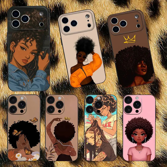 Black Girl A-Afro Phone Case For iPhone 17,16,15,14,13,12,11,Pro,XS,Max,XR,Plus,E,SE4,Mini Black Soft Cover