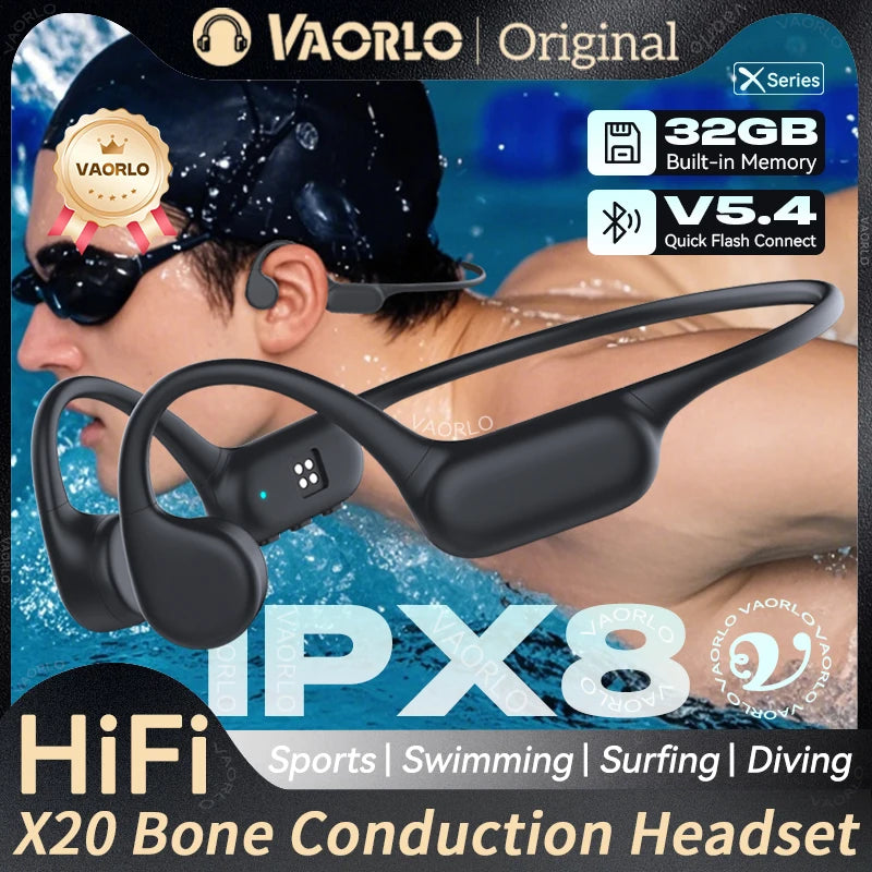 IPX8 Waterproof Bone Conduction Wireless Headphone Bluetooth 5.4+32GB MP3 Waterproof Swimming Sport HIFI Music Headset With Mic