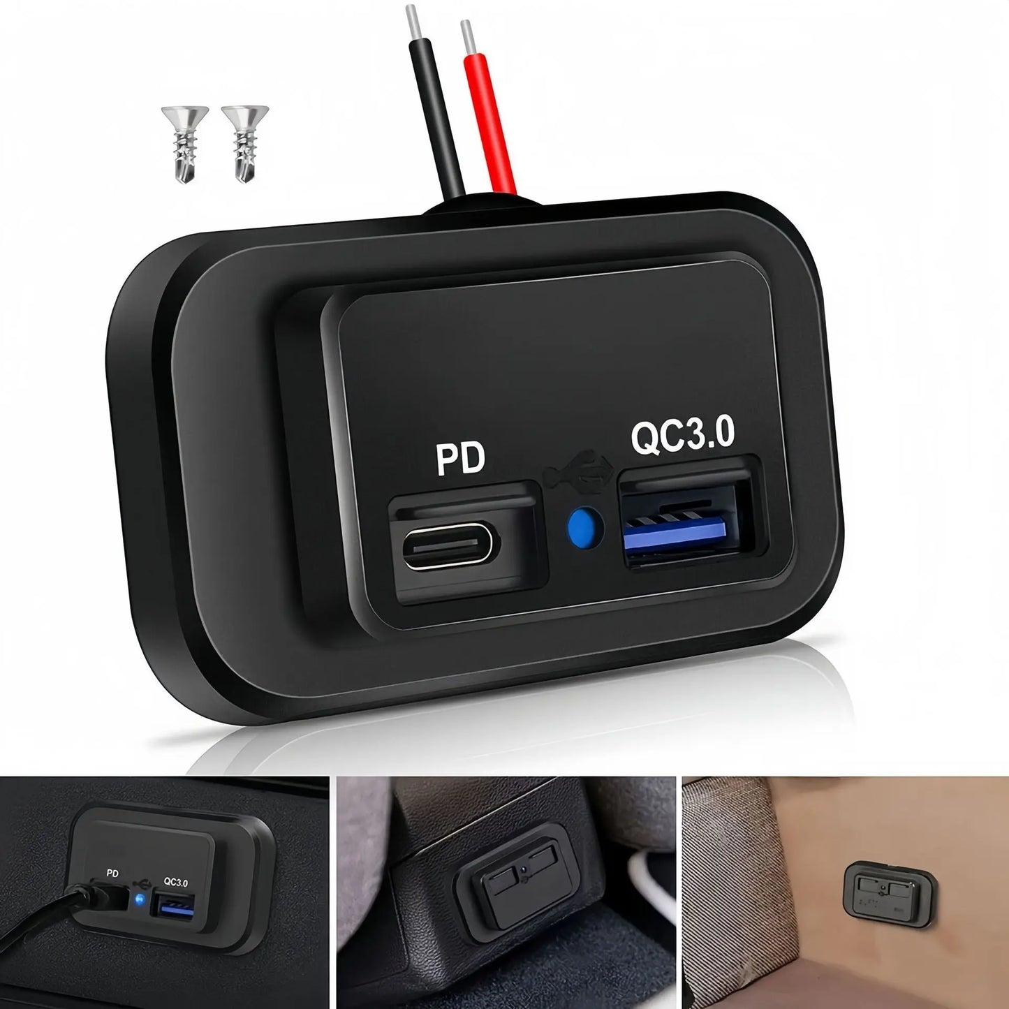 PD QC3.0 96W Dual USB Car Charger Socket 12V/24V Quick Charge Outlet with Switch LED Light for Car Motorcycle Truck RV Bus ATV