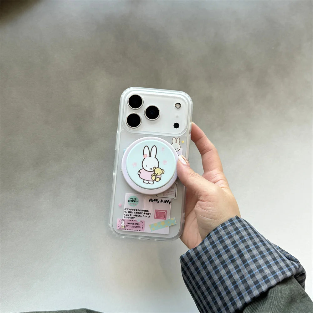 Korean Ins Cute Cartoon Rabbit with Magsafe Card Holde Magnetic Stand Phone Case For iPhone 17 16 Pro 15 17  Pro Max 14 13 Cover