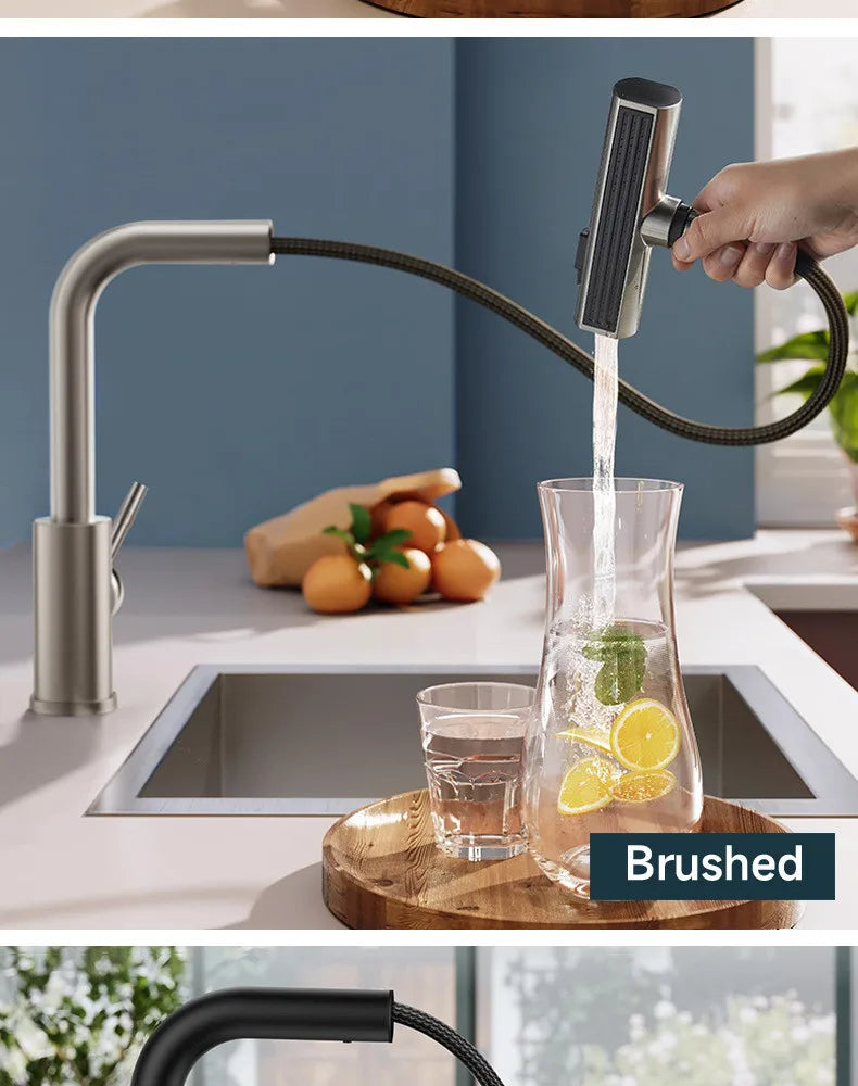 YCRAYS Brushed Nickle Kitchen Touch Sense Pulling Out Faucet Gray Waterfall Stream Sprayer Head Sink Mixer Water Tap Accessories