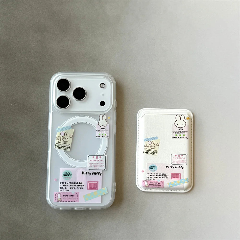 Korean Ins Cute Cartoon Rabbit with Magsafe Card Holde Magnetic Stand Phone Case For iPhone 17 16 Pro 15 17  Pro Max 14 13 Cover