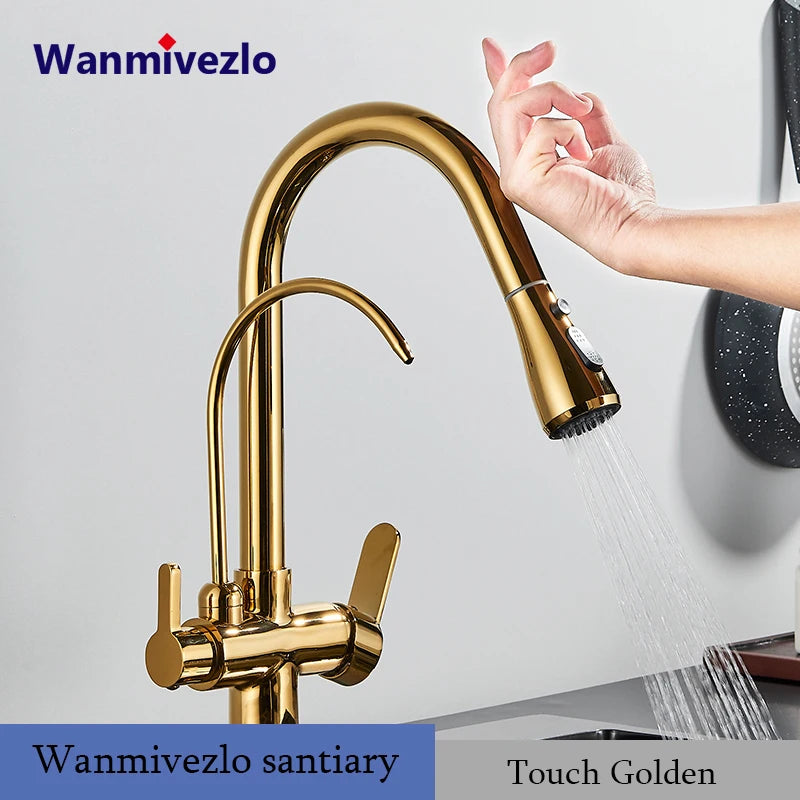 Touch Sensor Filter Kitchen Faucet With Pure Water Pull Out Mixer Tap Rotate Hot Cold Water Crane Mode Deck Mounted Mixer Tap