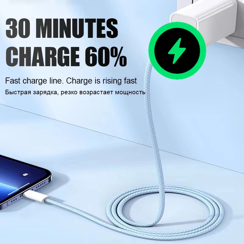 20W Braided Fast Charging USB Cable For iPhone X XR XS 6 6S 7 8 Plus 11 12 Mini 13 14 Pro Max  Rapid Charge Phone Cables 1m 2m