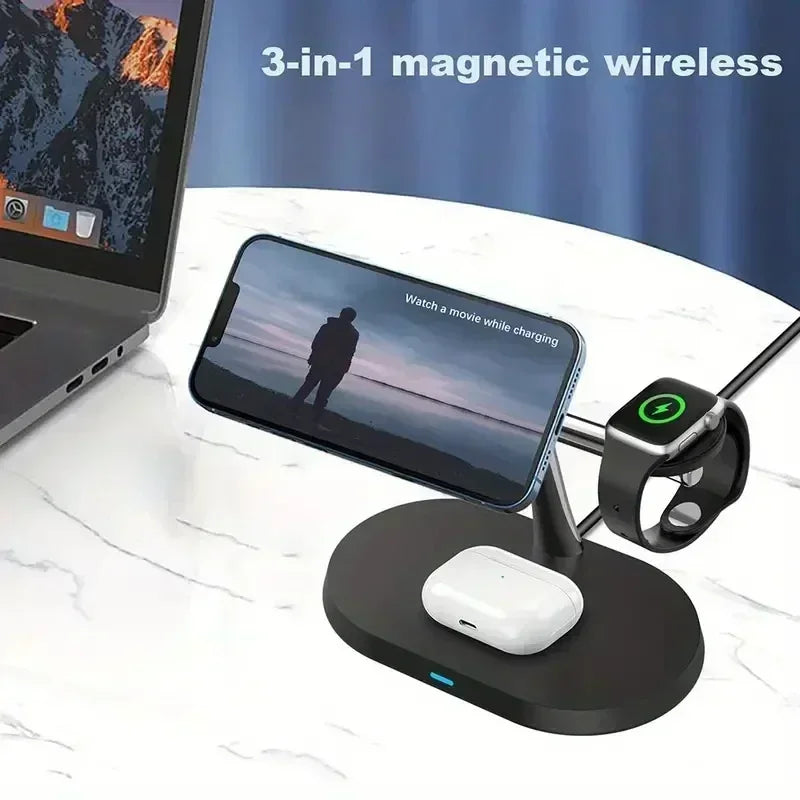 NEW Magnetic Wireless Charger Stand For iPhone 16 15 14 13 12 Pro iWatch 9 8 Airprods 3 In 1  Fast Charging Station