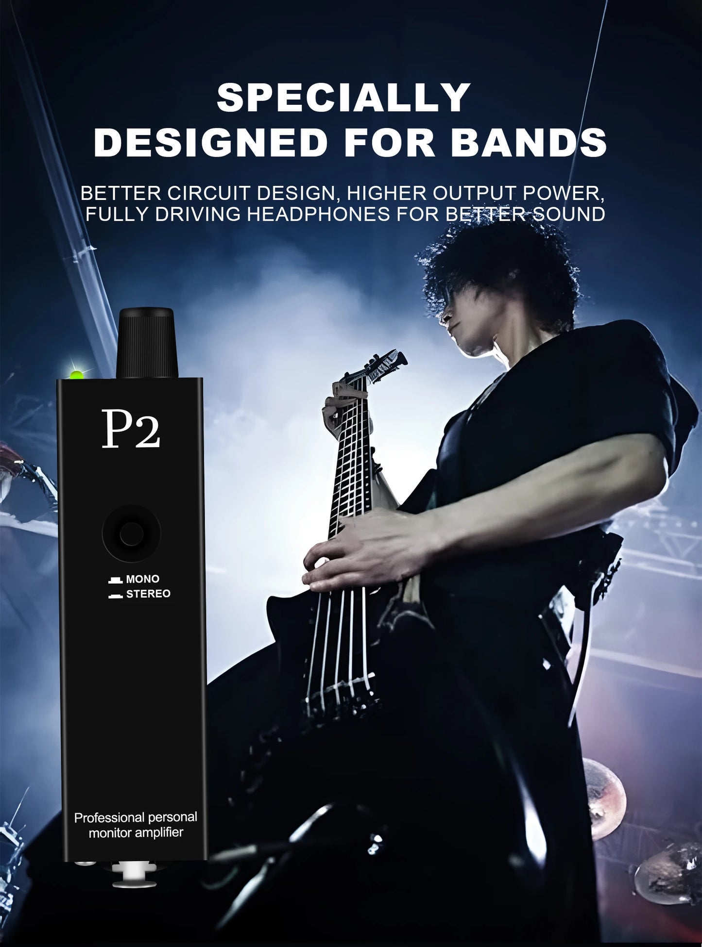 P2 Headphone Amplifier, Ultra Compact In Ear Headphone Monitor, Stereo Monitor/Headphone Power Amplifier/headphone music monitor