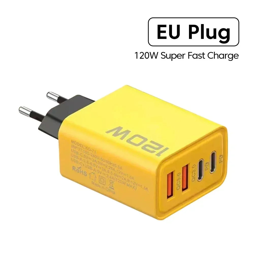 120W Total Fast Charging Quick Charger PD USB Type-C Wall Adapter for iPhone 16/15/14 Xiaomi Huawei Redmi Oneplus -Phone Charger