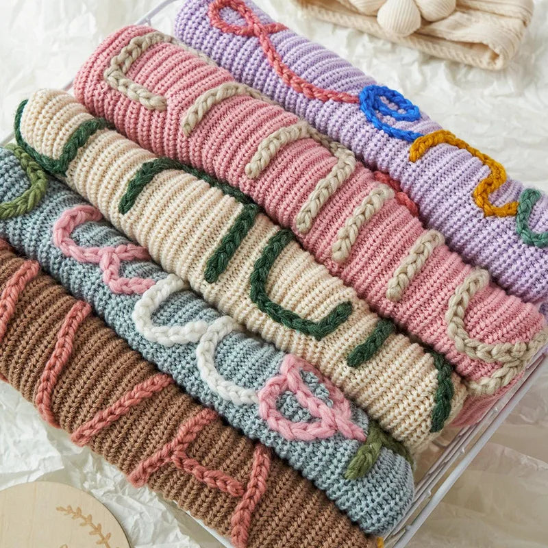 New Custom Name Kids Clothes Girls Boys Personalized Baby Sweaters Handmade Thick Line Embroidery Children's Knitted Sweater